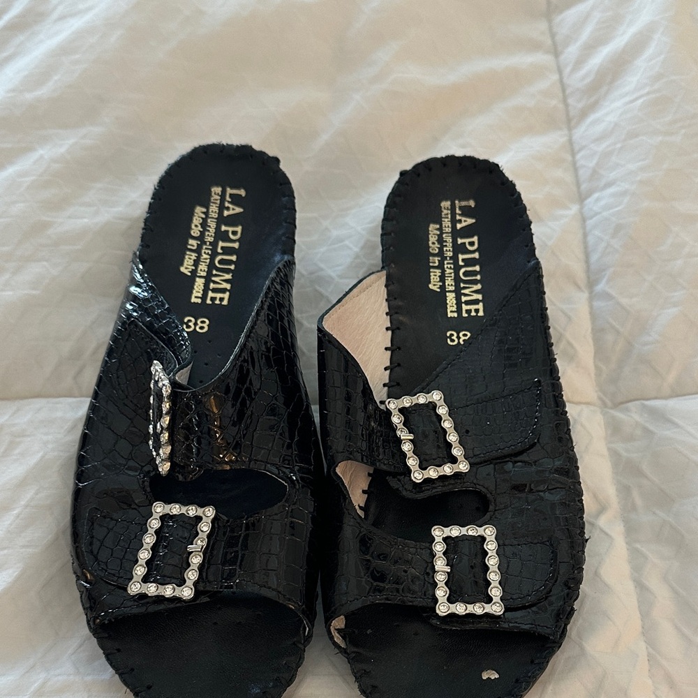 La Plume Black Croc-Embossed Mules with Buckle Detail